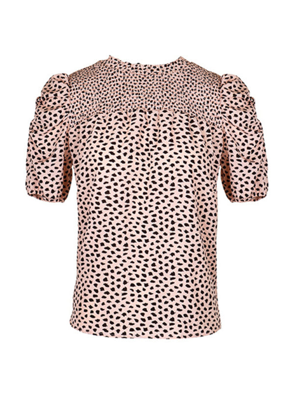 Top- Retro Style Leopard Print Smocked Blouse- - Pekosa Women Clothing