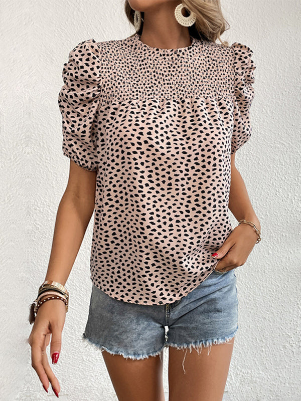 Top- Retro Style Leopard Print Smocked Blouse- - Pekosa Women Clothing