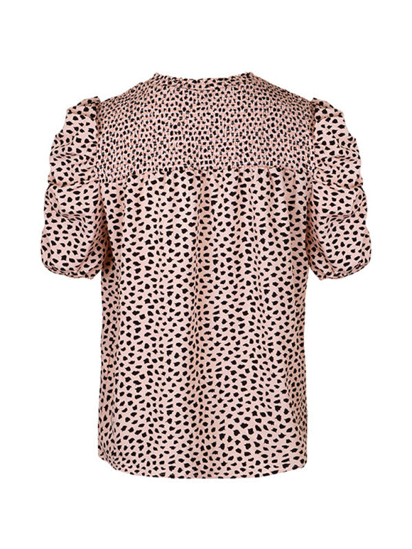 Top- Retro Style Leopard Print Smocked Blouse- - Pekosa Women Clothing