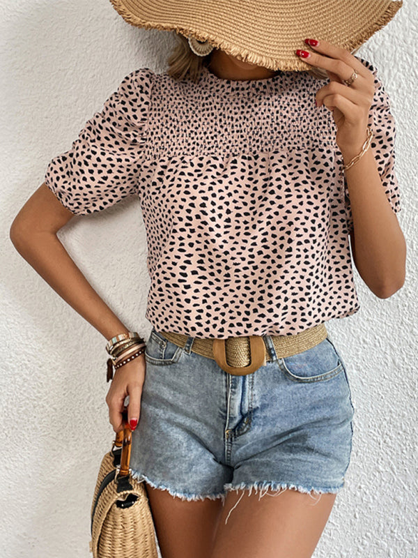 Top- Retro Style Leopard Print Smocked Blouse- - Pekosa Women Clothing