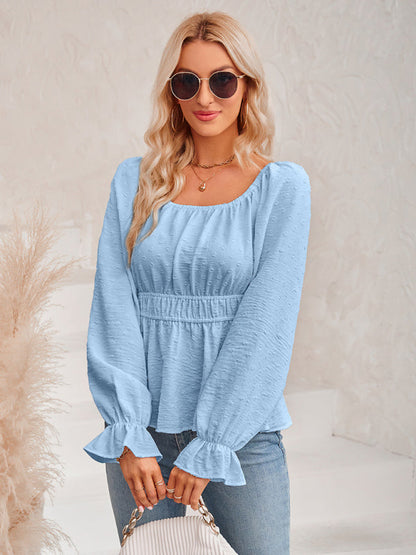 Top- Swiss Dot Smocked Waist Lantern Sleeve Peplum Blouse- Blue- Pekosa Women Clothing
