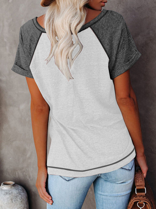 Tops- Color-Block Tee with Short Sleeves - Casual Style T-shirt- - Pekosa Women Clothing