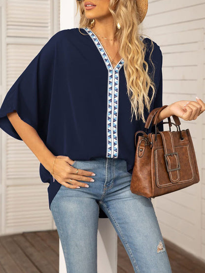 Tops- Elegant Women's Batwing V Neck Blouse Top- Navy Blue- Pekosa Women Clothing