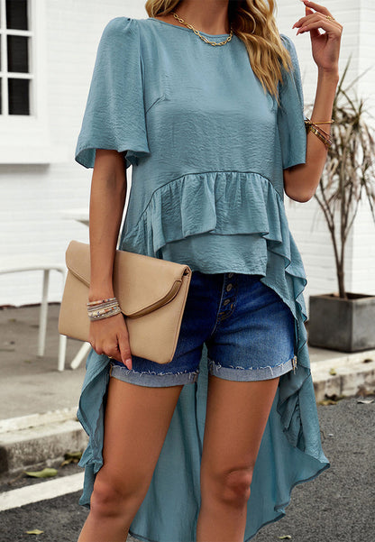 Tops- Fashionable Women's Hi-Low Blouse - Flared Sleeves & Ruffle Trim Top- - Pekosa Women Clothing