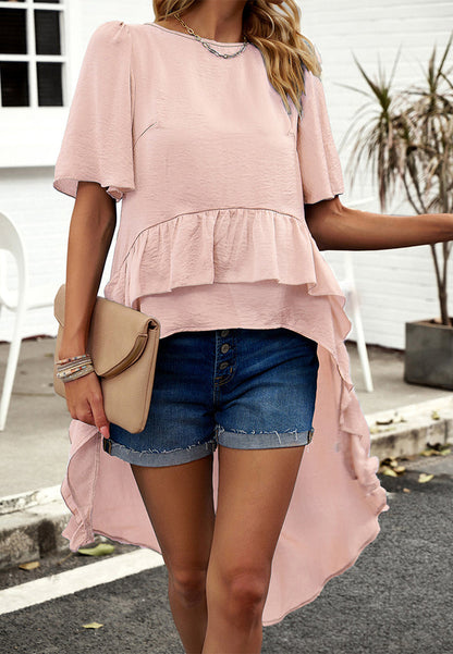 Tops- Fashionable Women's Hi-Low Blouse - Flared Sleeves & Ruffle Trim Top- - Pekosa Women Clothing