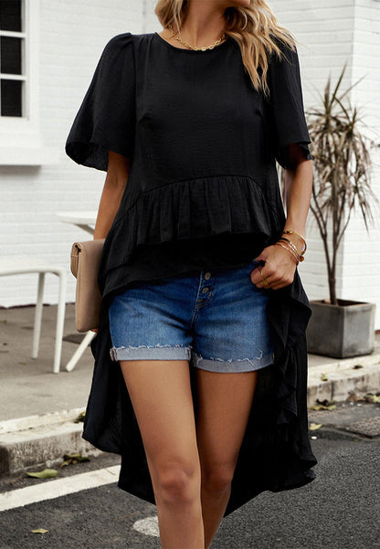 Tops- Fashionable Women's Hi-Low Blouse - Flared Sleeves & Ruffle Trim Top- - Pekosa Women Clothing