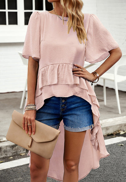 Tops- Fashionable Women's Hi-Low Blouse - Flared Sleeves & Ruffle Trim Top- - Pekosa Women Clothing
