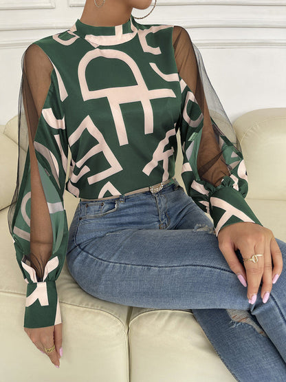Tops- Letter Print Spliced Mesh Long Sleeve Blouse - Top- - Pekosa Women Clothing