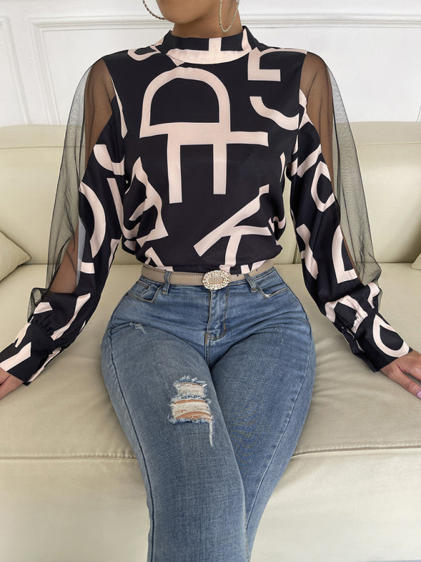 Tops- Letter Print Spliced Mesh Long Sleeve Blouse - Top- - Pekosa Women Clothing