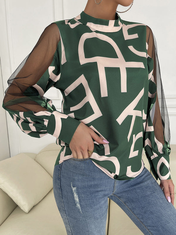 Tops- Letter Print Spliced Mesh Long Sleeve Blouse - Top- - Pekosa Women Clothing