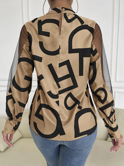 Tops- Letter Print Spliced Mesh Long Sleeve Blouse - Top- - Pekosa Women Clothing