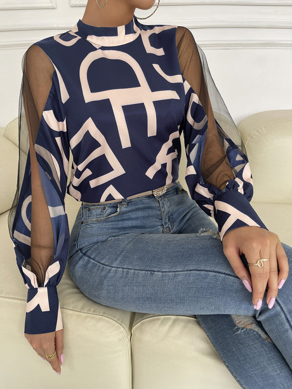 Tops- Letter Print Spliced Mesh Long Sleeve Blouse - Top- - Pekosa Women Clothing