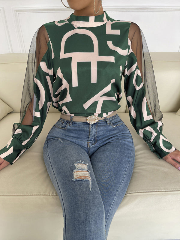 Tops- Letter Print Spliced Mesh Long Sleeve Blouse - Top- - Pekosa Women Clothing