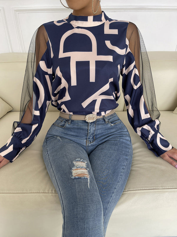 Tops- Letter Print Spliced Mesh Long Sleeve Blouse - Top- - Pekosa Women Clothing