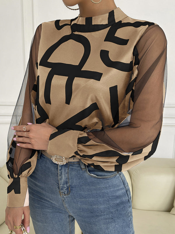 Tops- Letter Print Spliced Mesh Long Sleeve Blouse - Top- Khaki- Pekosa Women Clothing