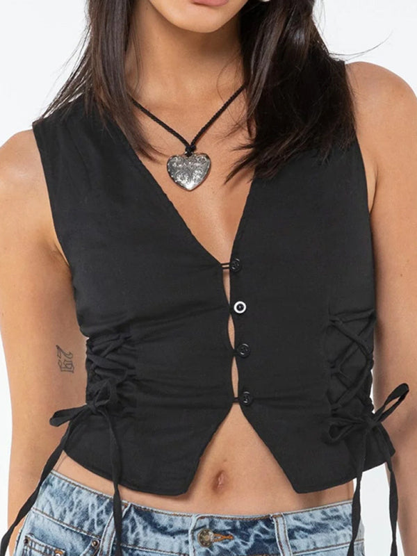 Tops- Solid Sleeveless Lace-Up Crop Top | Button-Up Vest- Black- Pekosa Women Clothing