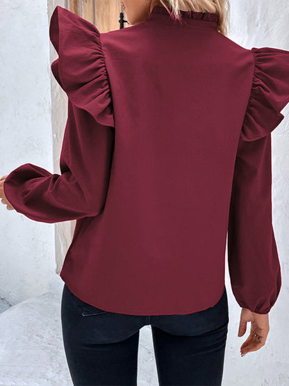 Tops- Women's Ruffle Long Sleeves Blouse with Buttons Decor & Ruffle Accents- - Pekosa Women Clothing