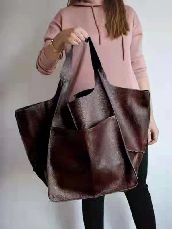 Tote Bags- Faux Leather Tote Shoulder Large Handbag- Brown- Pekosa Women Clothing