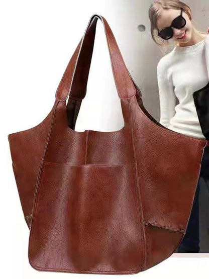 Tote Bags- Faux Leather Tote Shoulder Large Handbag- Olive yellow- Pekosa Women Clothing