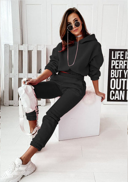 Tracksuit Set- Jogging Set Sweatpants and Crop Hoodie- Black- Pekosa Women Clothing