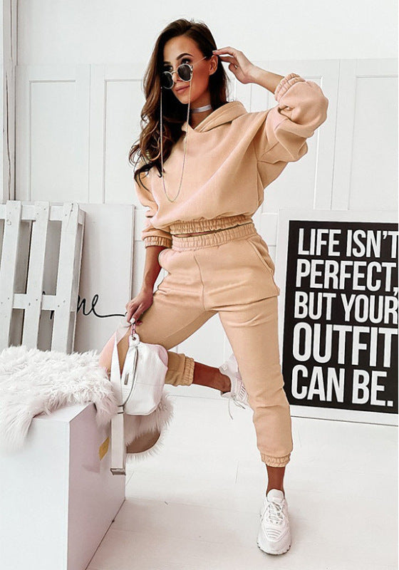 Tracksuit Set- Jogging Set Sweatpants and Crop Hoodie- Cracker khaki- Pekosa Women Clothing