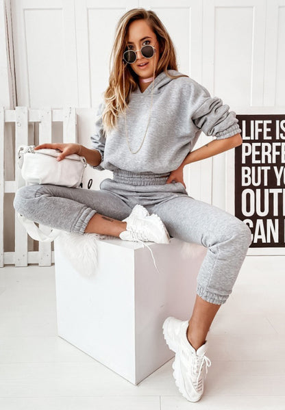 Tracksuit Set- Jogging Set Sweatpants and Crop Hoodie- Grey- Pekosa Women Clothing