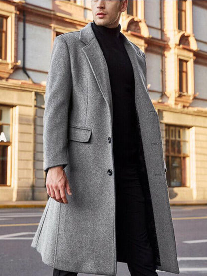 Trench Coats- Elegant Longline Windbreaker | Men's Notch Lapel Woolen Trench Coat- Grey- Pekosa Women Clothing