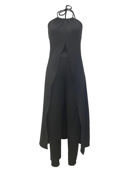 Trousers Set- Women’s 2-Piece Set - Halterneck Long Cami Top + High Rise Trousers- - Pekosa Women Clothing