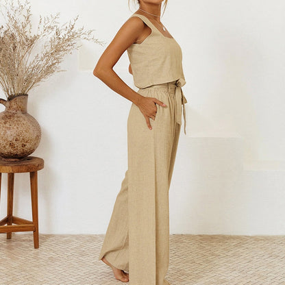Trousers Set- Women's Cotton 2 Piece Set: Tank Top + Wide-Leg Belted Trousers- - Pekosa Women Clothing