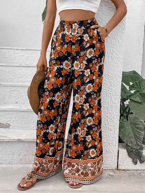 Trousers- Women's Floral Wide Leg Pants - High Rise, Pockets Pants- - Pekosa Women Clothing