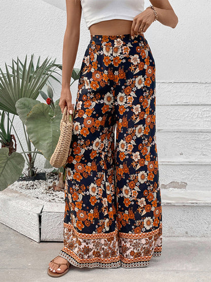 Trousers- Women's Floral Wide Leg Pants - High Rise, Pockets Pants- Black- Pekosa Women Clothing