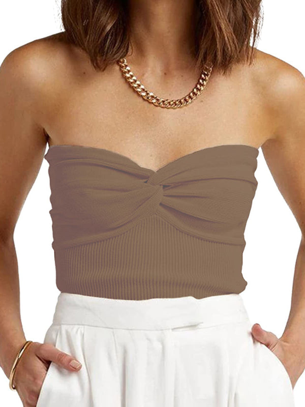 Tube Tops- Women's Strapless Knitwear Tube Knot Top- Brown- Pekosa Women Fashion