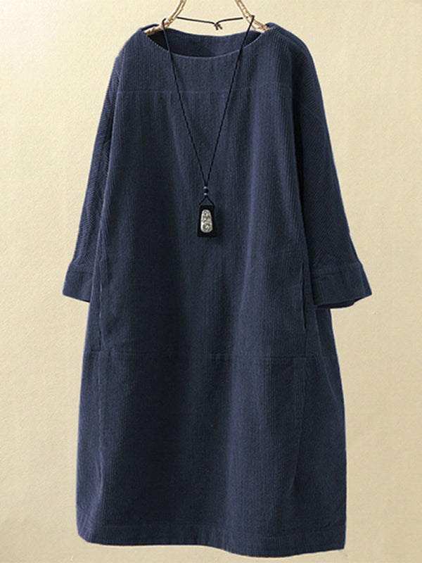 Tunic Dresses- Essential Oversized Corduroy Tunic Dress with 3/4 Sleeves- - Pekosa Women Clothing