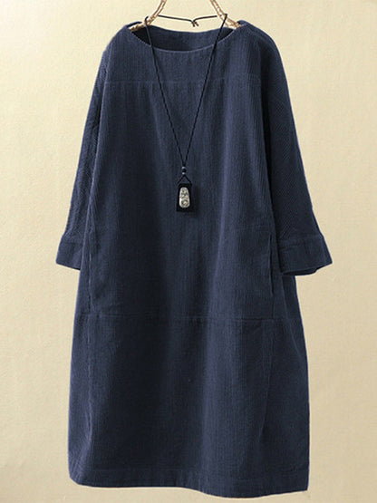 Tunic Dresses- Essential Oversized Corduroy Tunic Dress with 3/4 Sleeves- - Pekosa Women Clothing