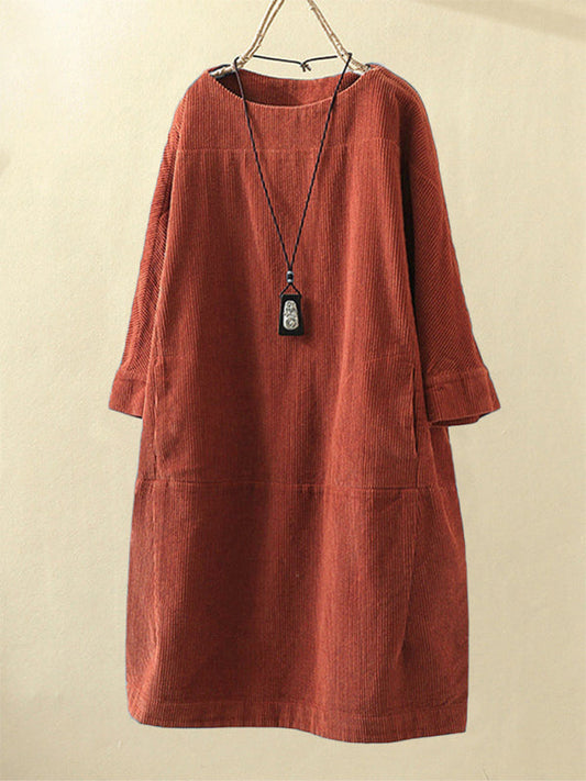 Tunic Dresses- Essential Oversized Corduroy Tunic Dress with 3/4 Sleeves- Ponceau- Pekosa Women Clothing
