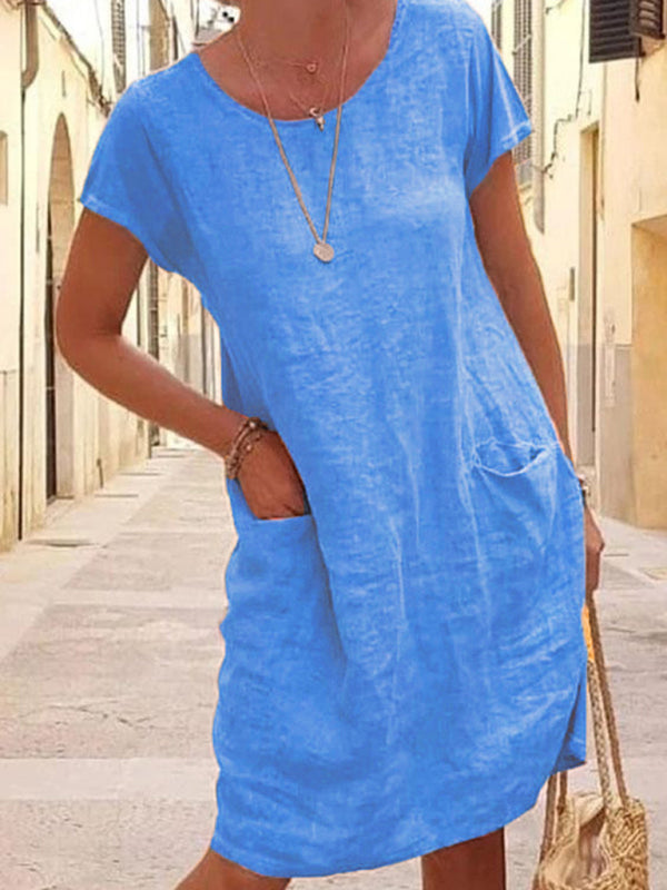 Tunic Dresses- Solid Linen Short Sleeve Tunic Dress for Summer- Clear blue- Pekosa Women Clothing