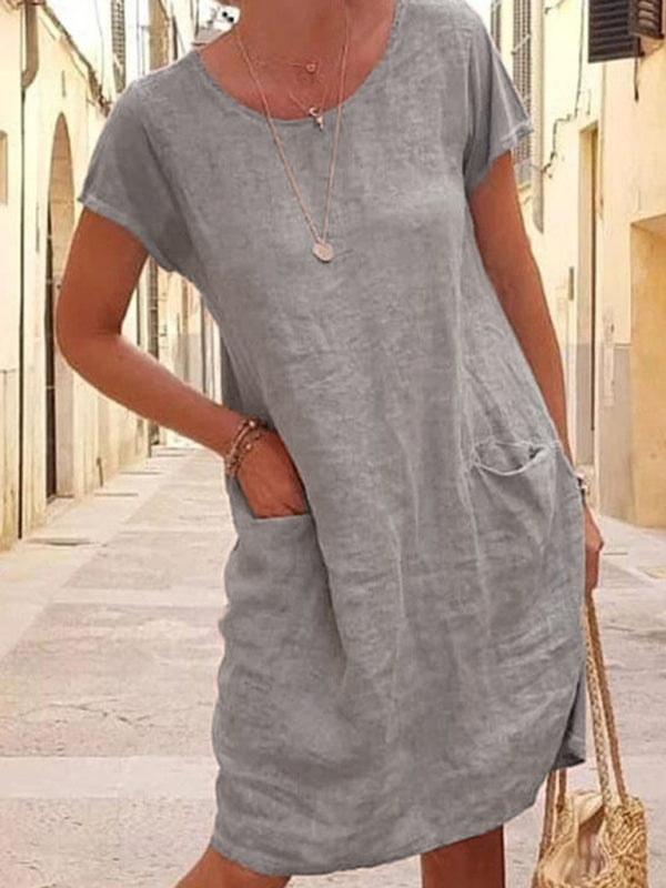 Tunic Dresses- Solid Linen Short Sleeve Tunic Dress for Summer- Grey- Pekosa Women Clothing