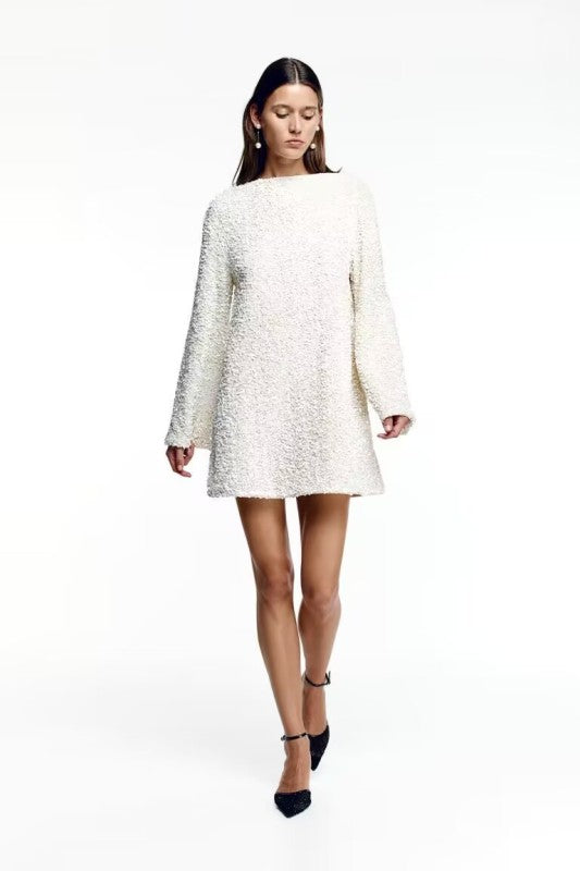 Tunic Dresses- Sparkle Sequin Mini Dress - Oversized Flare-Sleeve Tunic- White- Pekosa Women Clothing