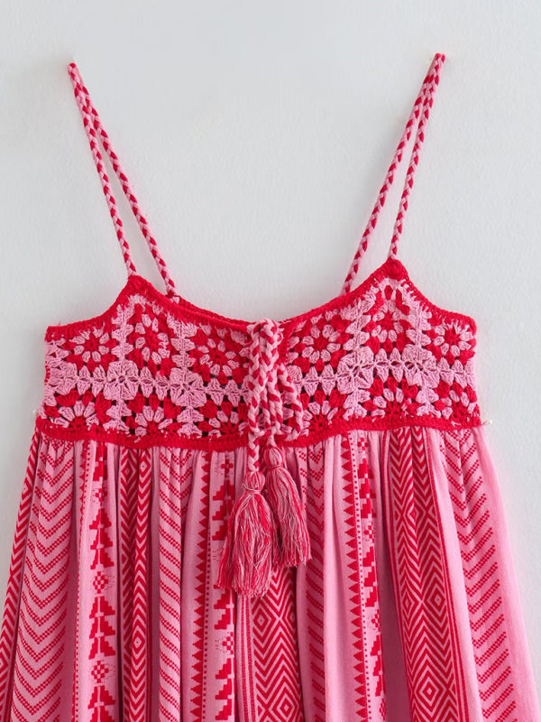 Vacation Dresses- Empire Waist Crochet Patchwork Vacation Dress- - Pekosa Women Fashion