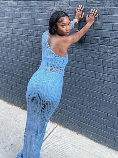 Vacation Dresses- One-Shoulder Maxi Mesh Dress for Beach Party- - Pekosa Women Clothing