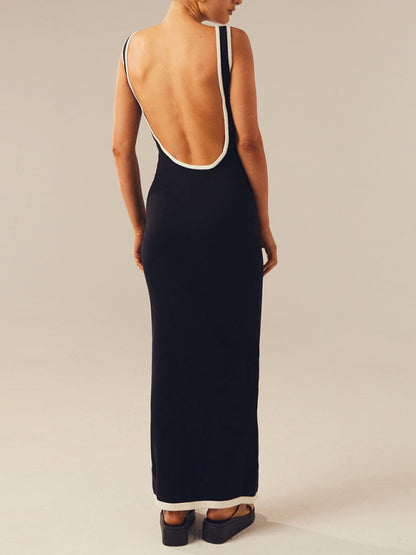 Vacation Dresses- Sleeveless Cutout Backless Maxi Dress with Contrast Binding- - Pekosa Women Clothing
