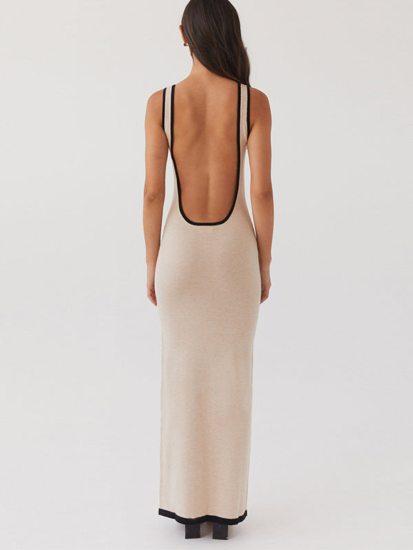 Vacation Dresses- Sleeveless Cutout Backless Maxi Dress with Contrast Binding- - Pekosa Women Clothing