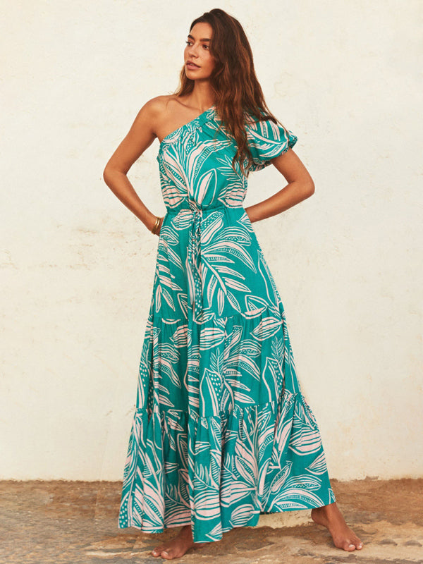Vacation Dresses- Vacation One Shoulder Puff Sleeves Tiered Ruffle Blouson Maxi Dress.- - Pekosa Women Clothing