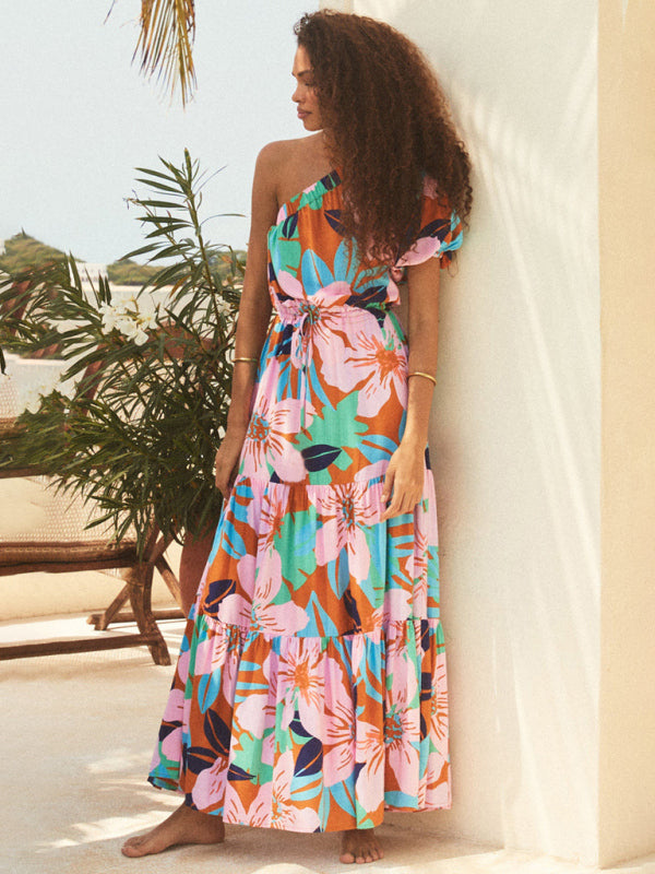 Vacation Dresses- Vacation One Shoulder Puff Sleeves Tiered Ruffle Blouson Maxi Dress.- - Pekosa Women Clothing