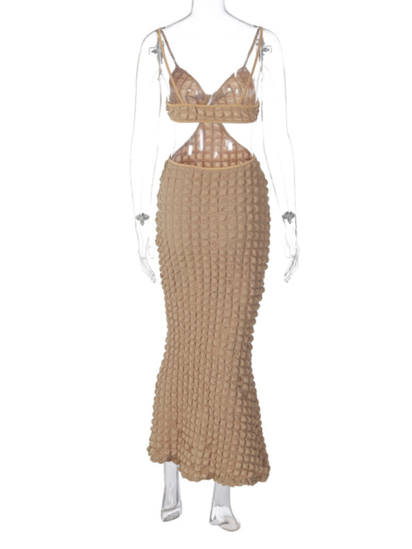Vacation Dresses- Vacation Textured Bodycon Spaghetti Straps Cut Out Dress- - Pekosa Women Clothing