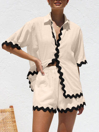 Vacation outfit- Summer Vacation 2-Piece Wave Contrast Lace Shirt and Shorts- Cracker khaki- Pekosa Women Clothing