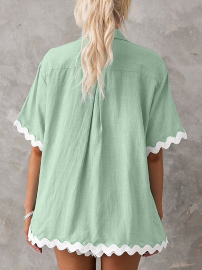 Vacation outfit- Summer Vacation 2-Piece Wave Contrast Lace Shirt and Shorts- - Pekosa Women Clothing