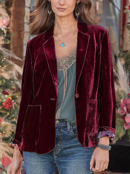 Velvet Blazers- Elegant Notch Lapel Single-Breasted Velour Blazer in Velvet- Wine Red- Pekosa Women Clothing