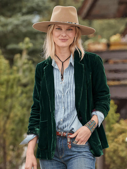 Velvet Blazers- Elegant Notch Lapel Single-Breasted Velour Blazer in Velvet- Green black jasper- Pekosa Women Clothing