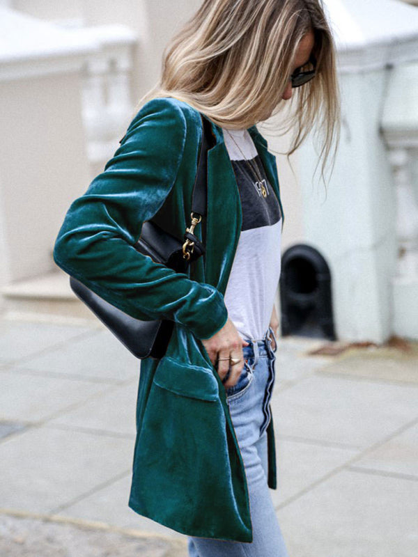 Velvet Blazers- Velvet Mid-Length Jacket Blazer Tailored for Autumn- - Pekosa Women Clothing